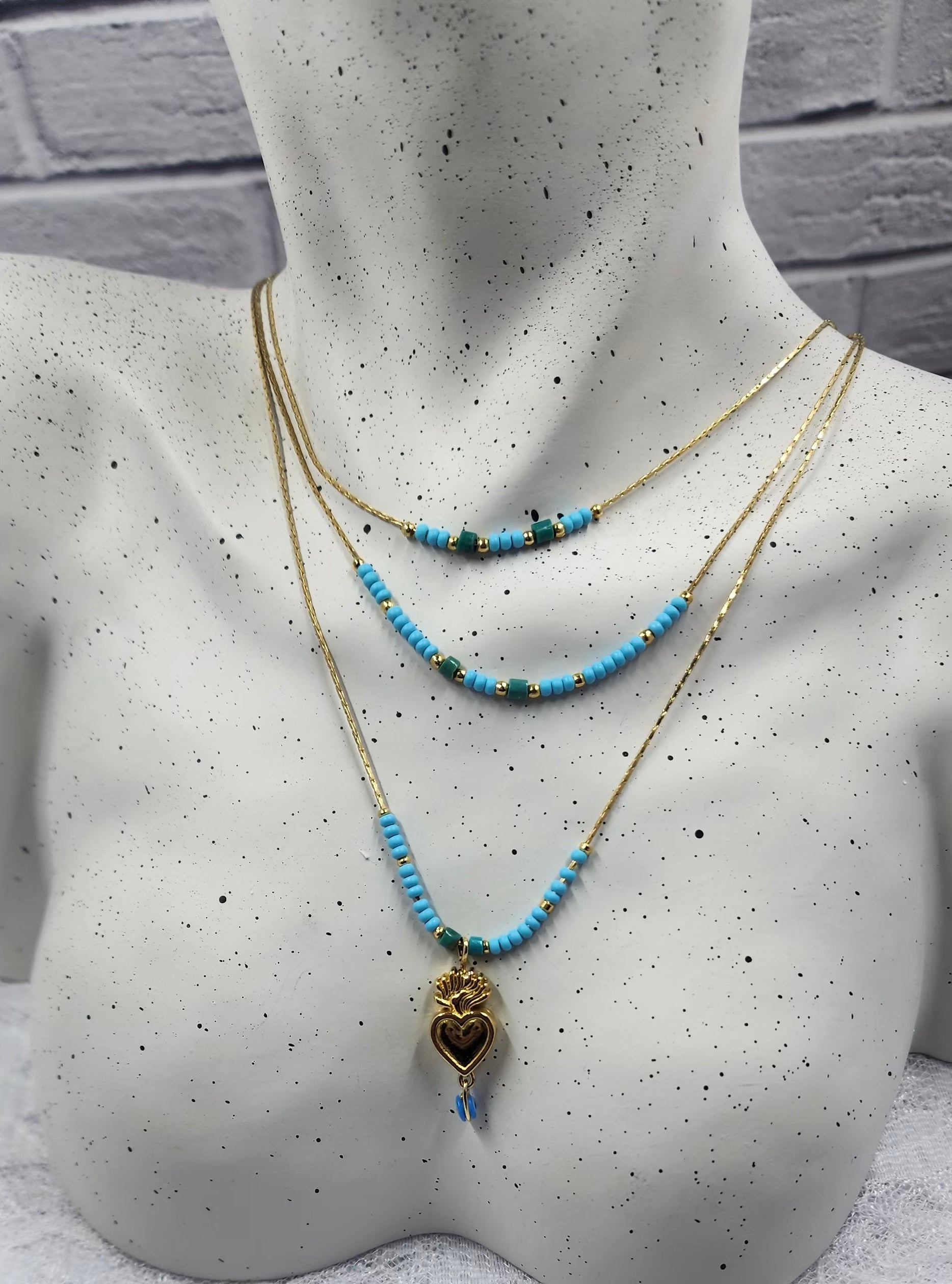 Blue and Gold Sagrado Corazón Beaded Necklace