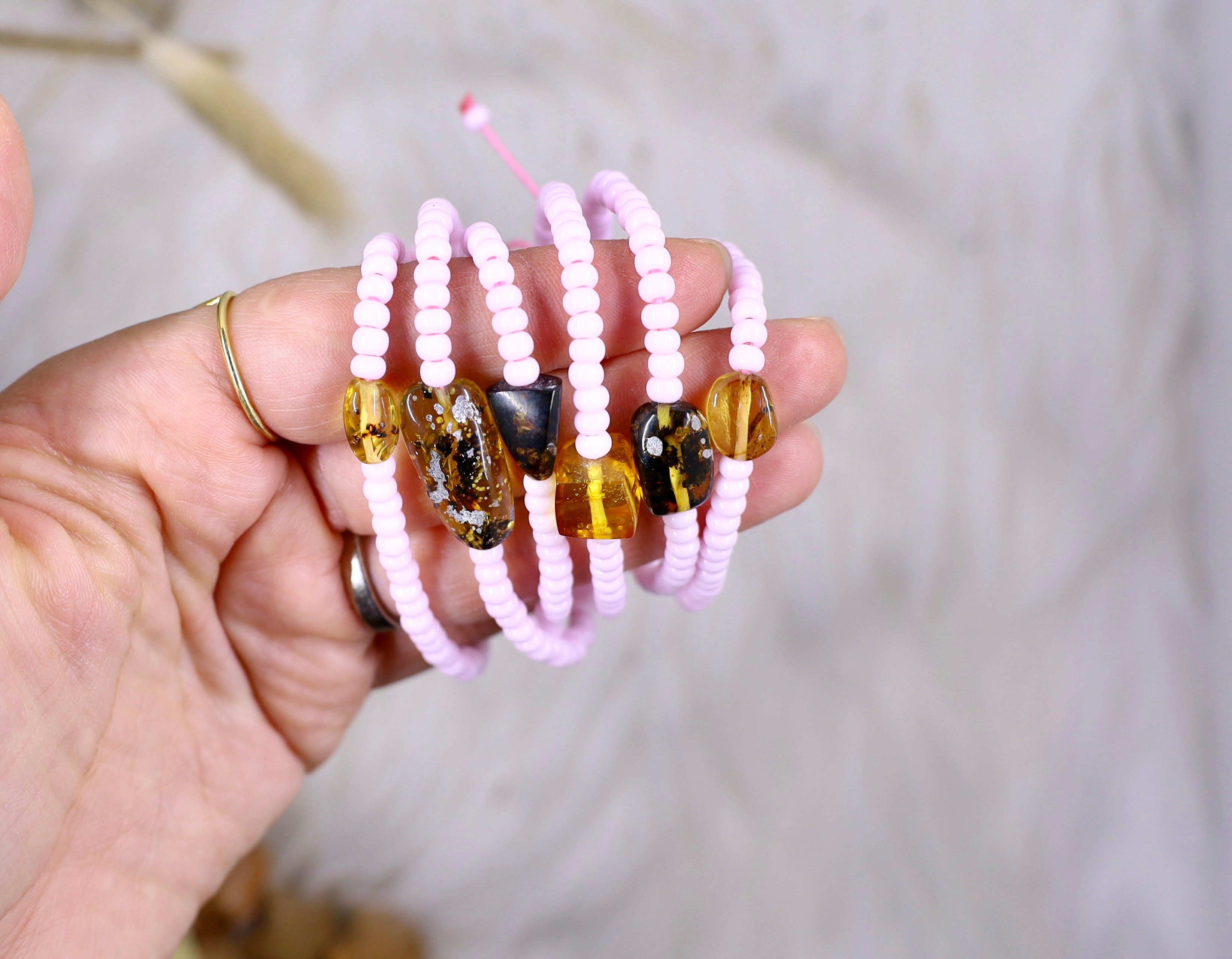 Pink Beaded Amber Bracelet