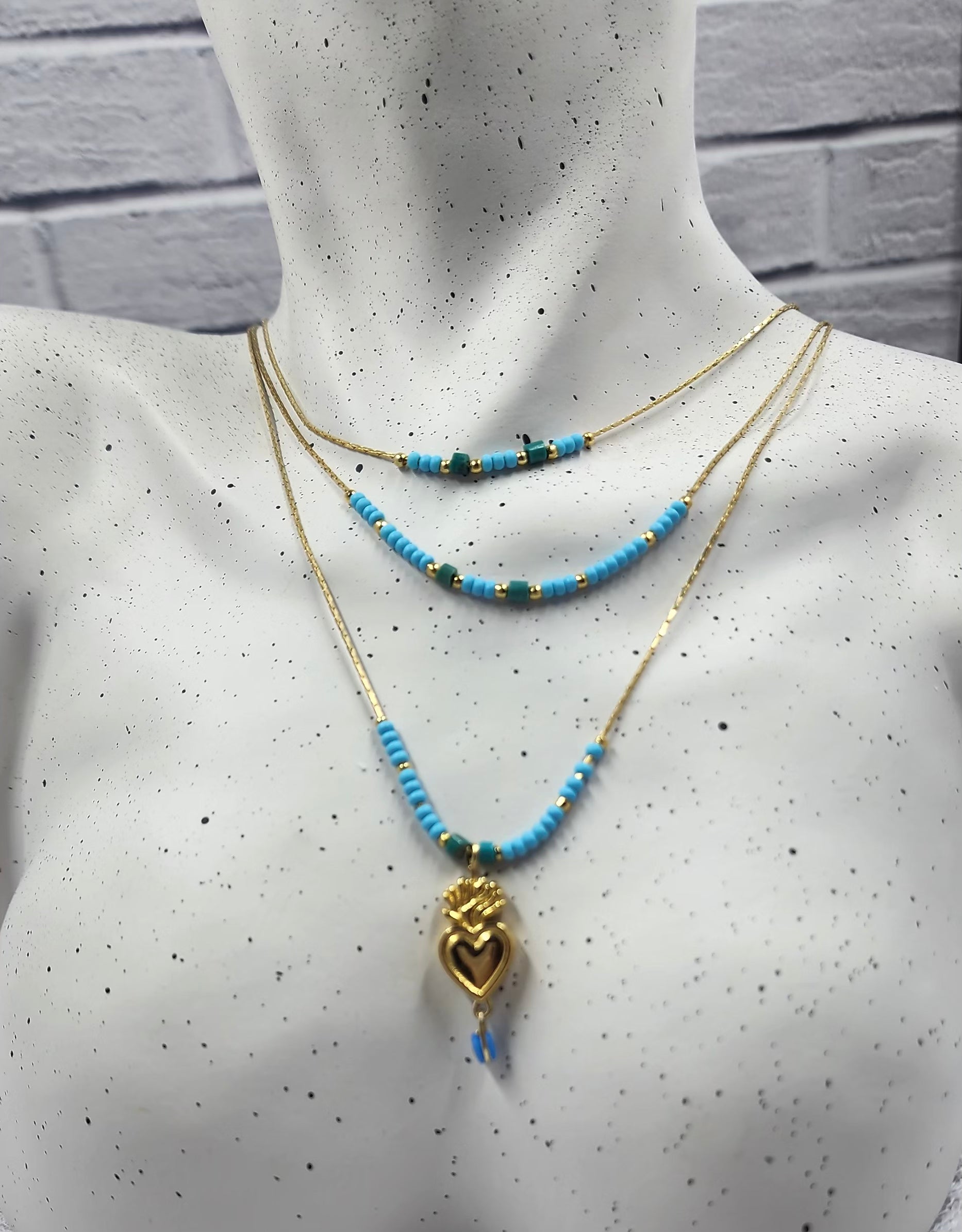 Blue and Gold Sagrado Corazón Beaded Necklace