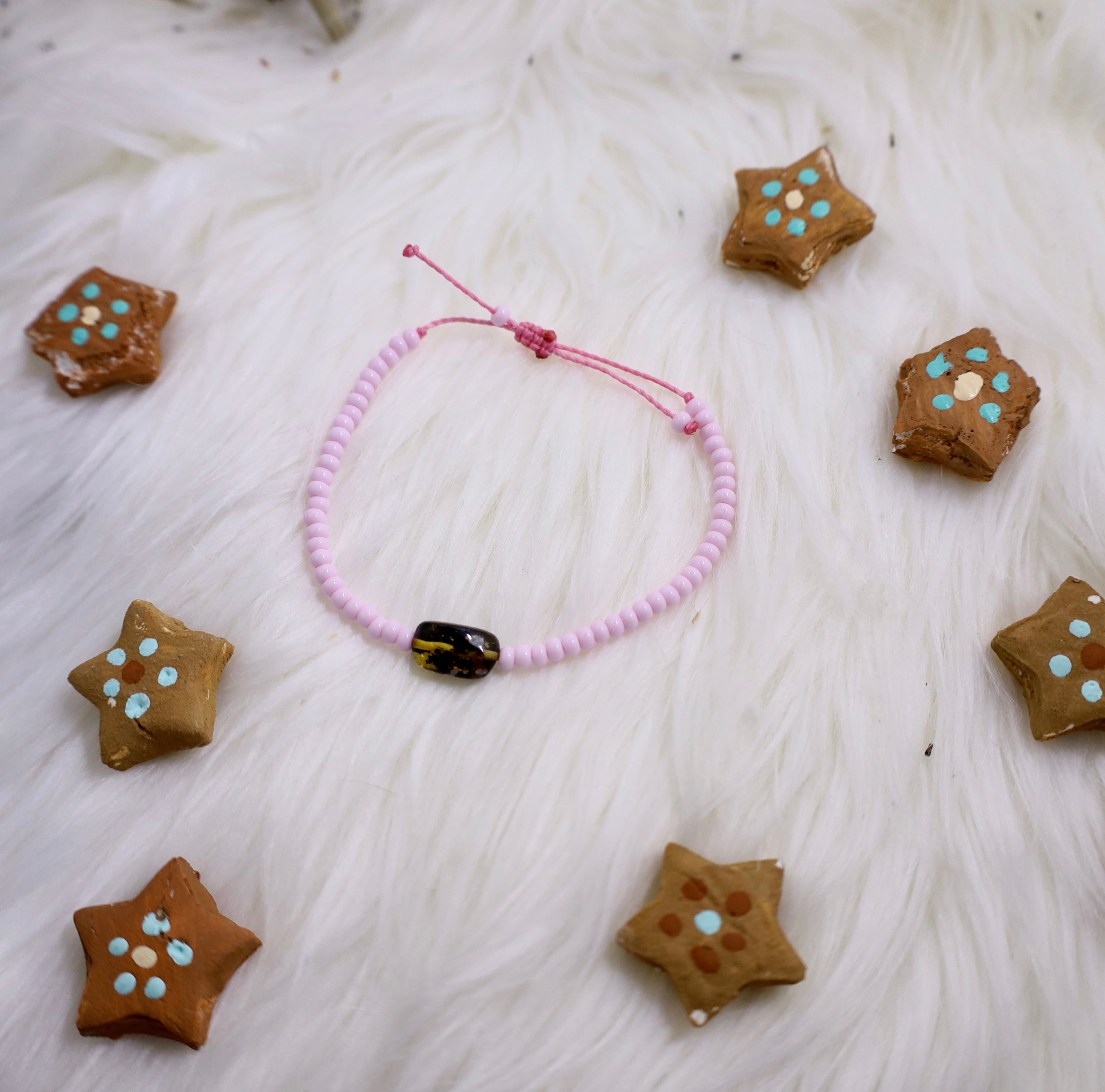 Pink Beaded Amber Bracelet