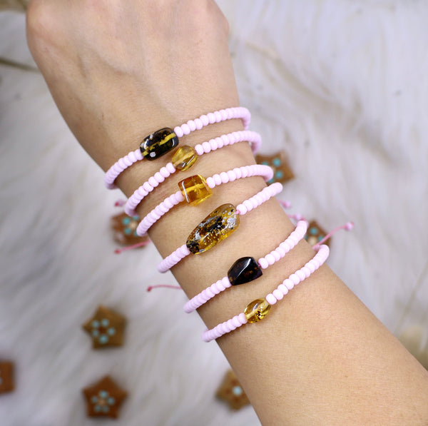 Pink Beaded Amber Bracelet