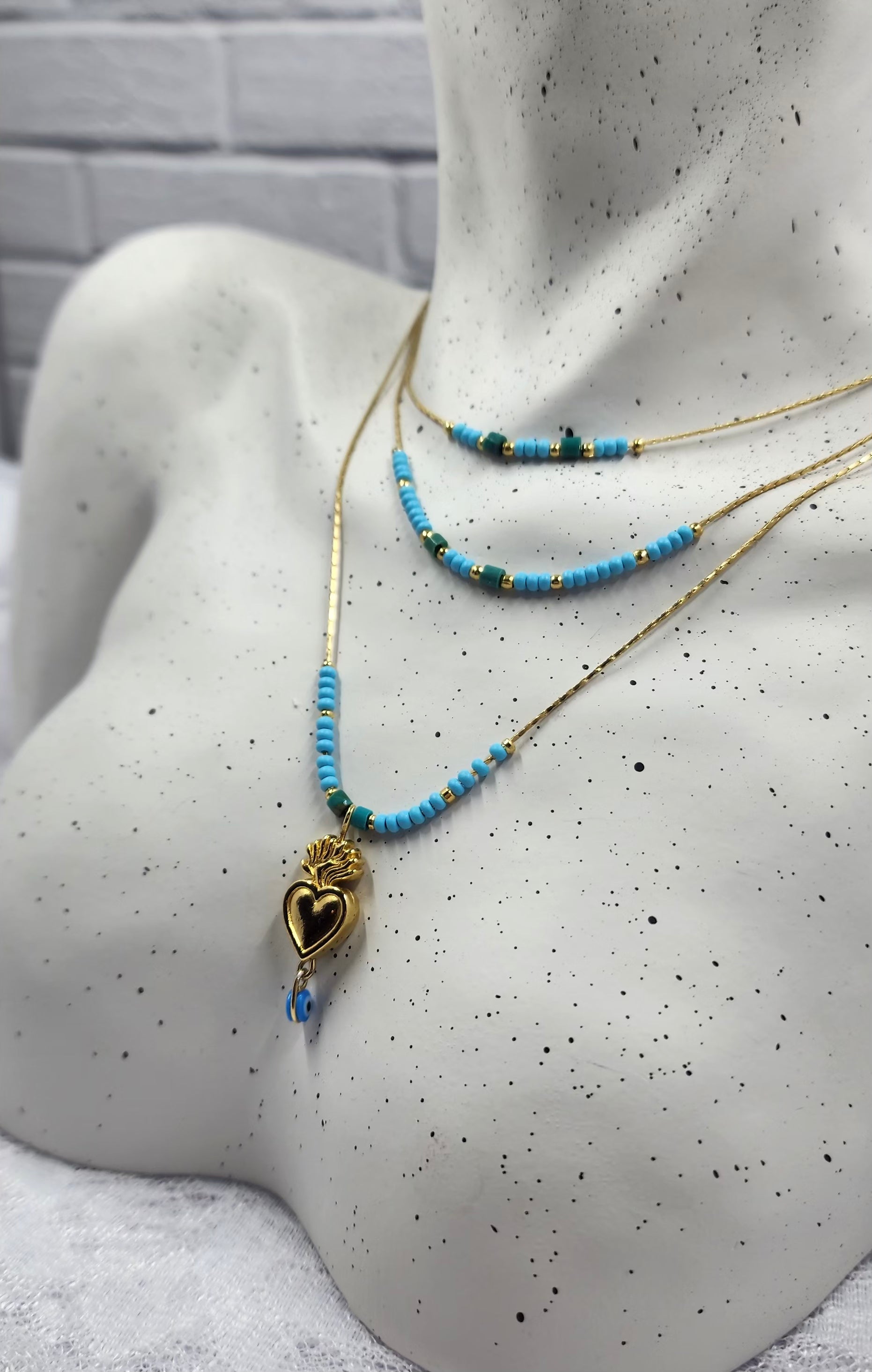 Blue and Gold Sagrado Corazón Beaded Necklace